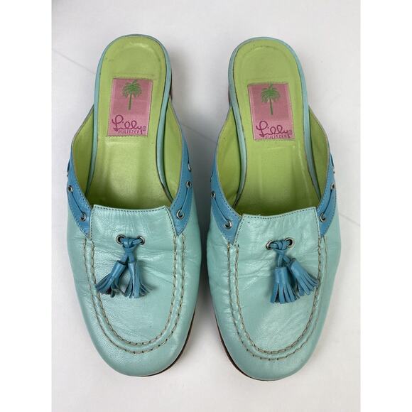 Vintage Lilly Pulitzer Blue Leather Slip On Mules Size 6.5 Tassels - Picture 1 of 8